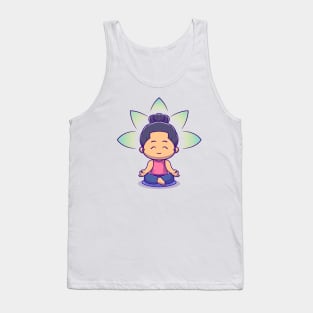 Cute Woman Meditation Yoga Cartoon Tank Top